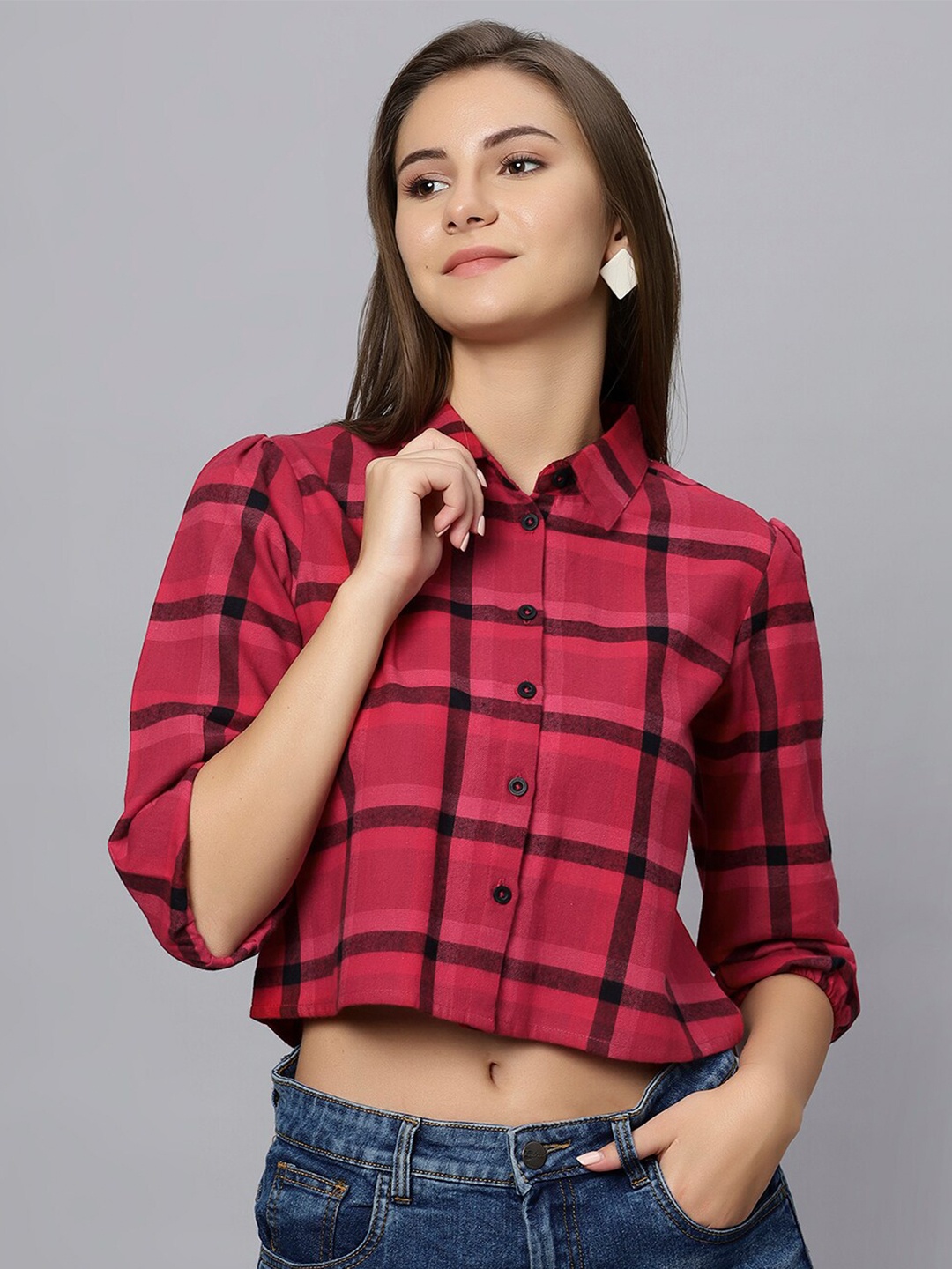 

Chemistry Original Checked Puff Sleeves Crop Pure Cotton Shirt, Red