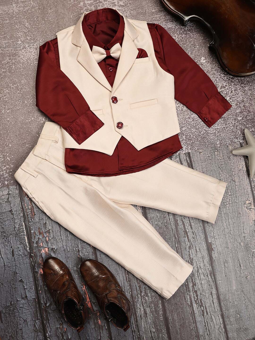 

V-Mart Boys Single-Breasted Cotton Three-Piece Formal Suit, Beige