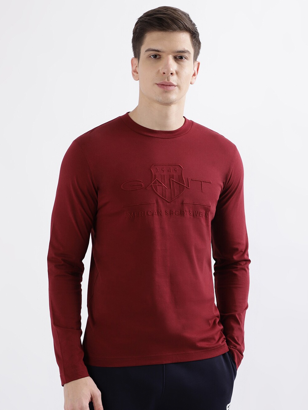 

GANT Embroidered Long Sleeves Pure Cotton T-shirt, Maroon