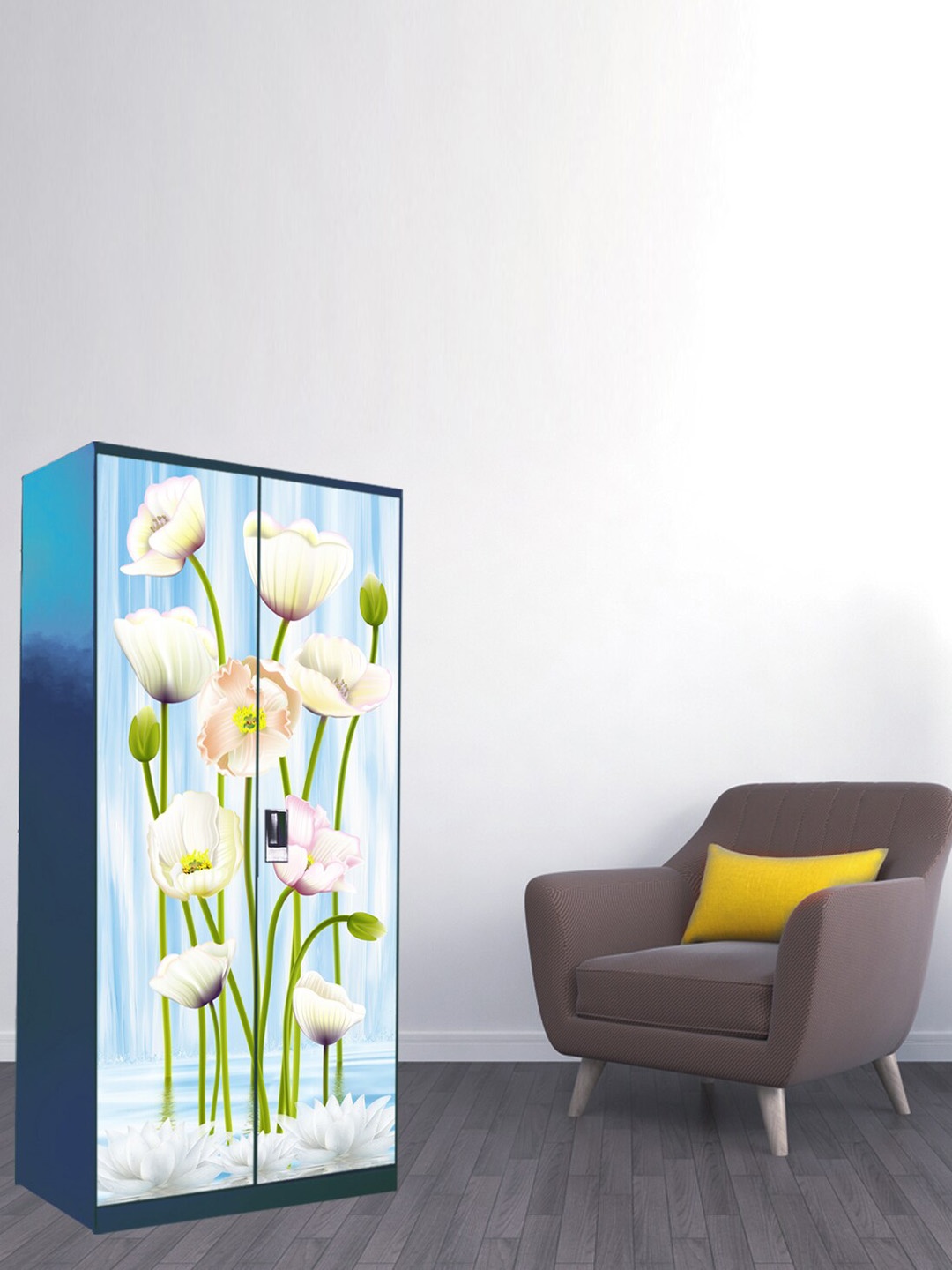

WallDaddy Blue & White Floral Printed Almirah Wardrobe Sticker