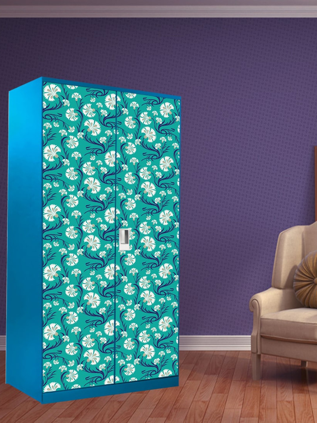 

WallDaddy Blue & White Floral Printed Paper Wardrobe Sticker