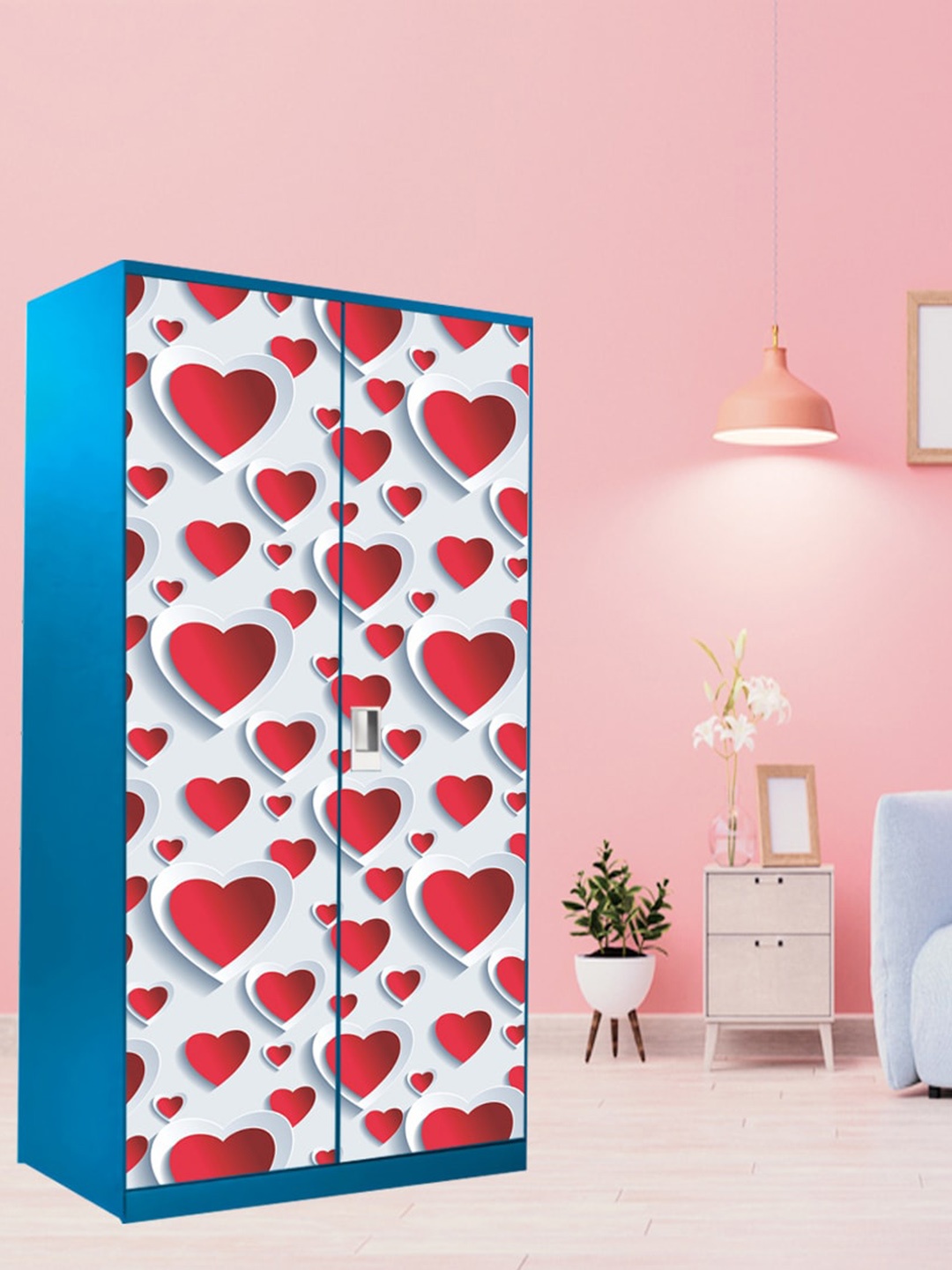 

WallDaddy almirah cover Red & White Heart Printed Wardrobe Stickers