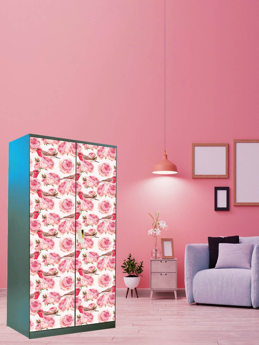 

WallDaddy White & Pink Floral Printed Almirah Sticker