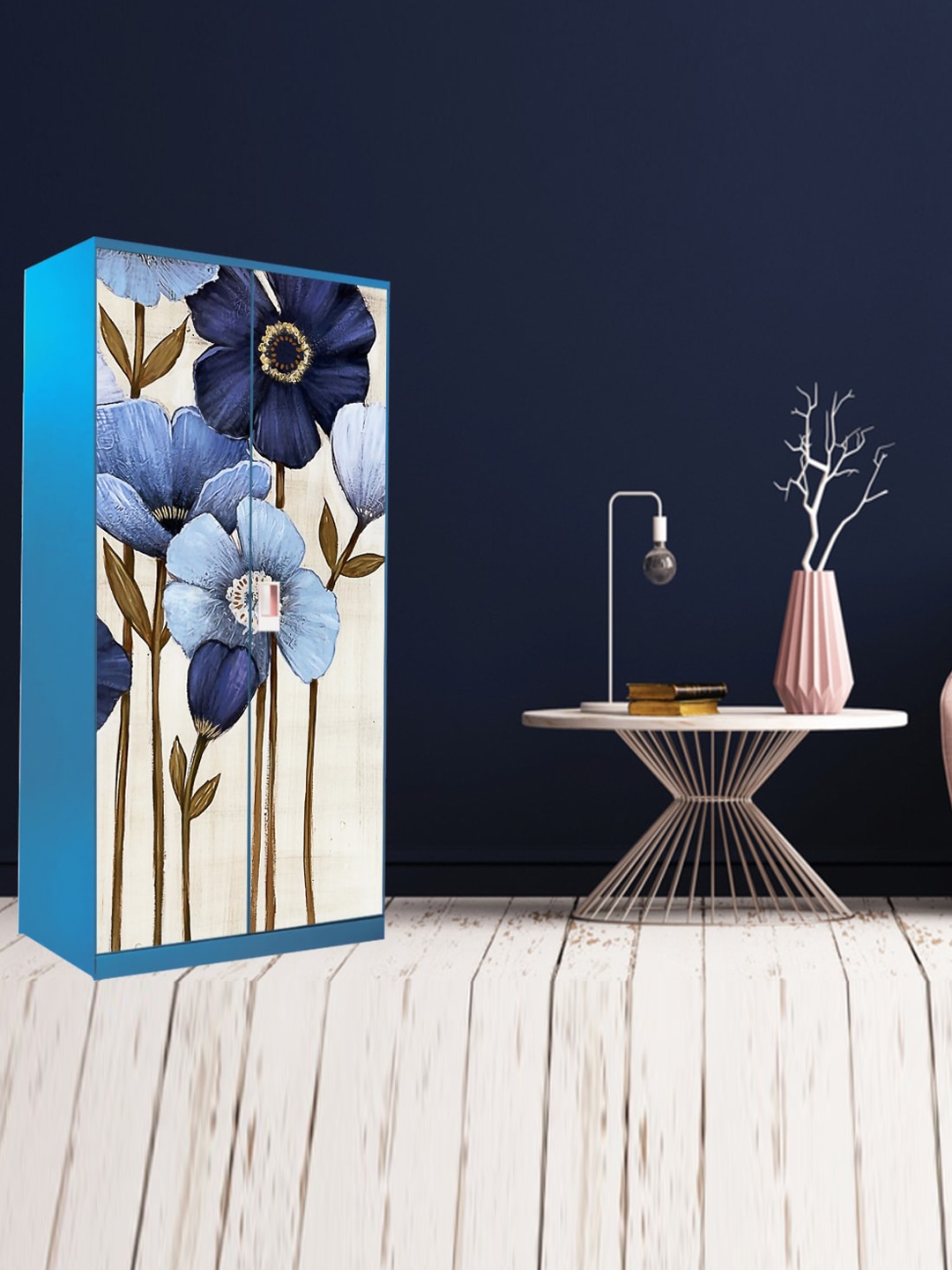 

WallDaddy White & Blue Floral Printed Paper Wardrobe Sticker