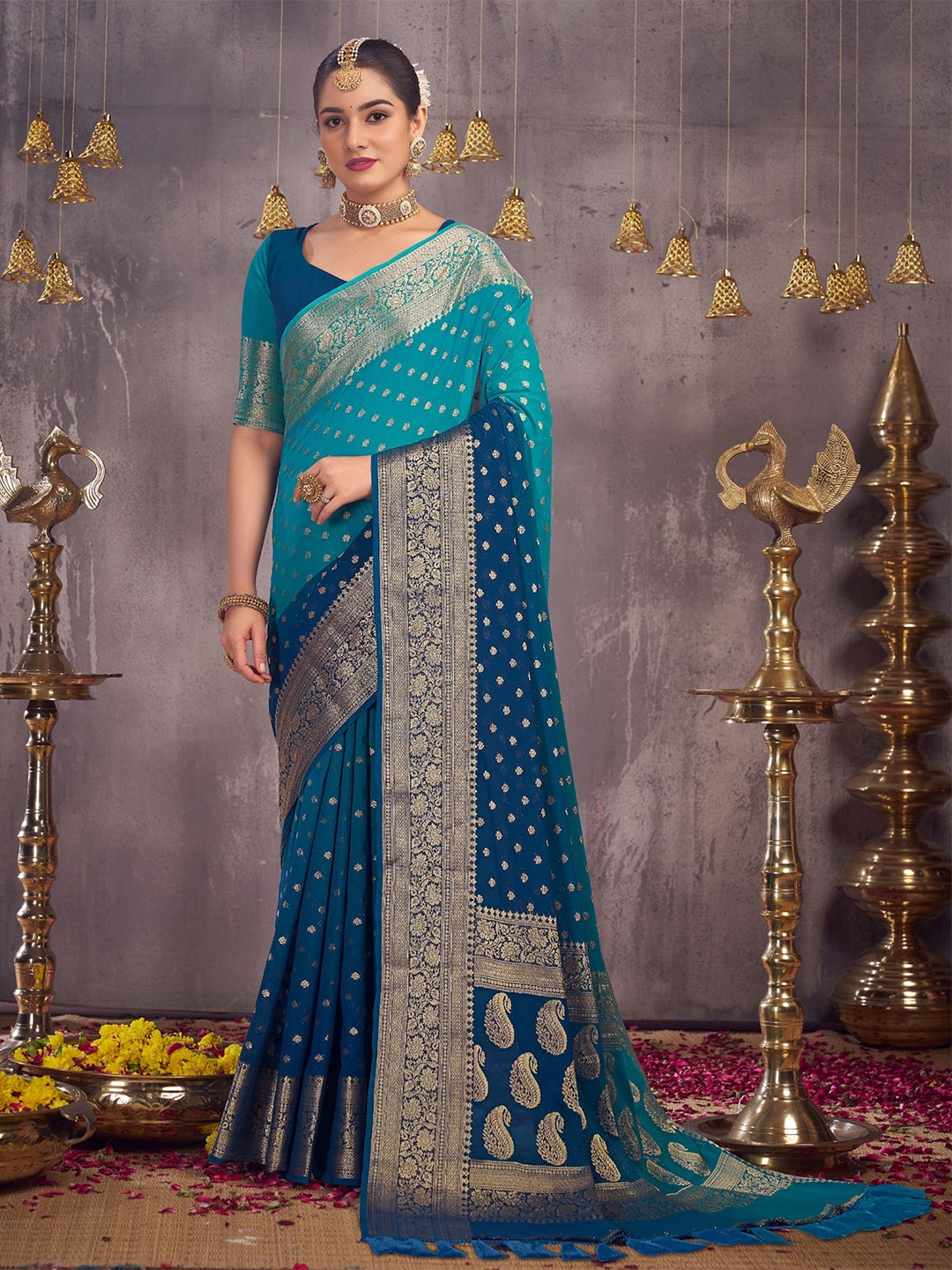 

DIVASTRI Ethnic Motifs Woven Design Zari Pure Georgette Banarasi Saree, Blue