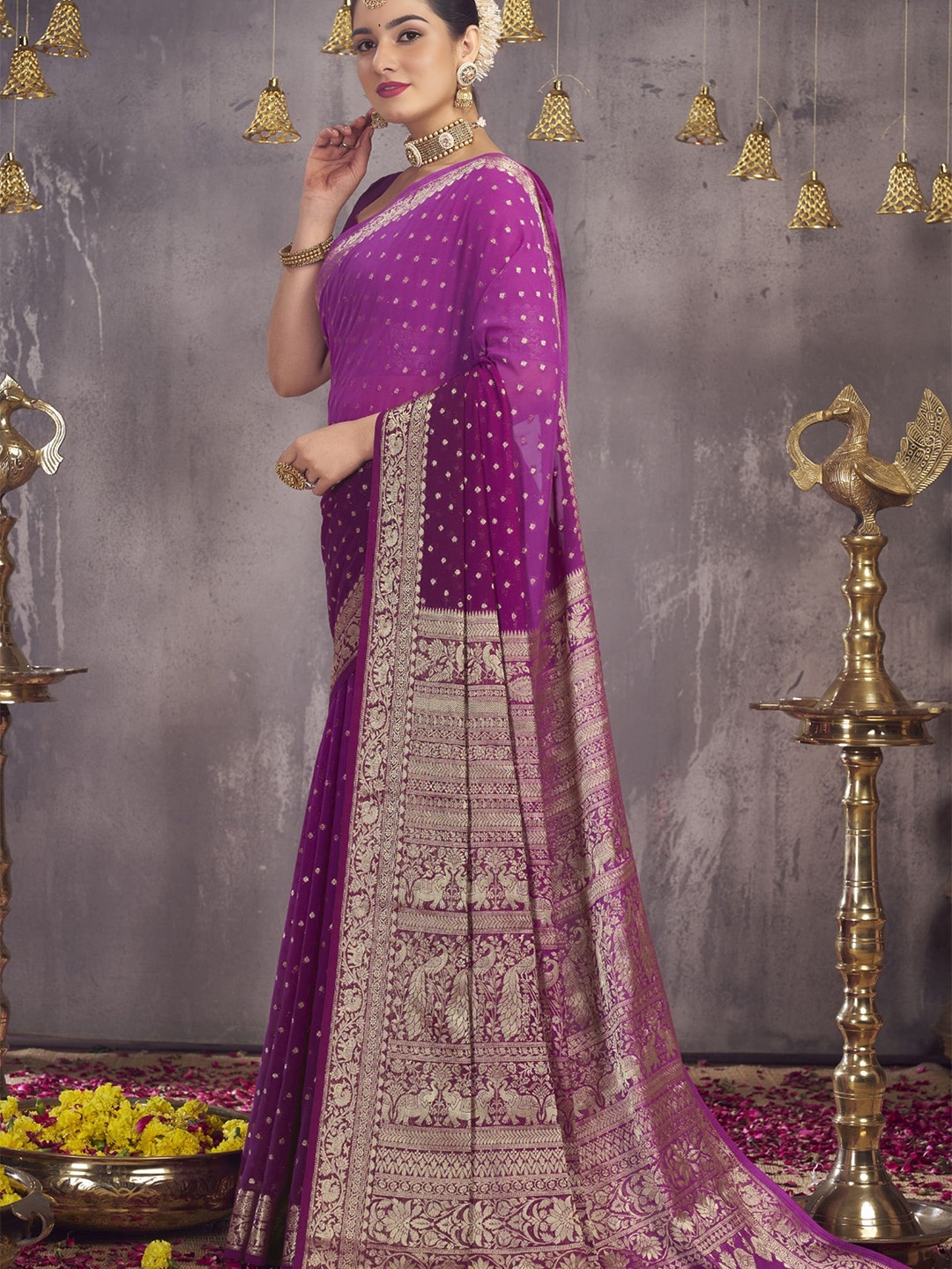 

DIVASTRI Ethnic Motifs Woven Design Zari Pure Georgette Banarasi Saree, Purple