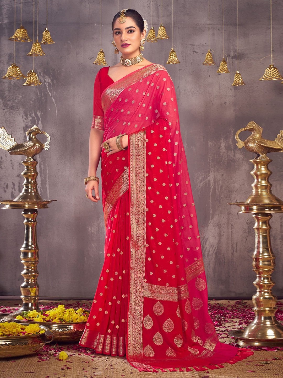 

DIVASTRI Ethnic Motifs Woven Design Zari Pure Georgette Banarasi Saree, Pink