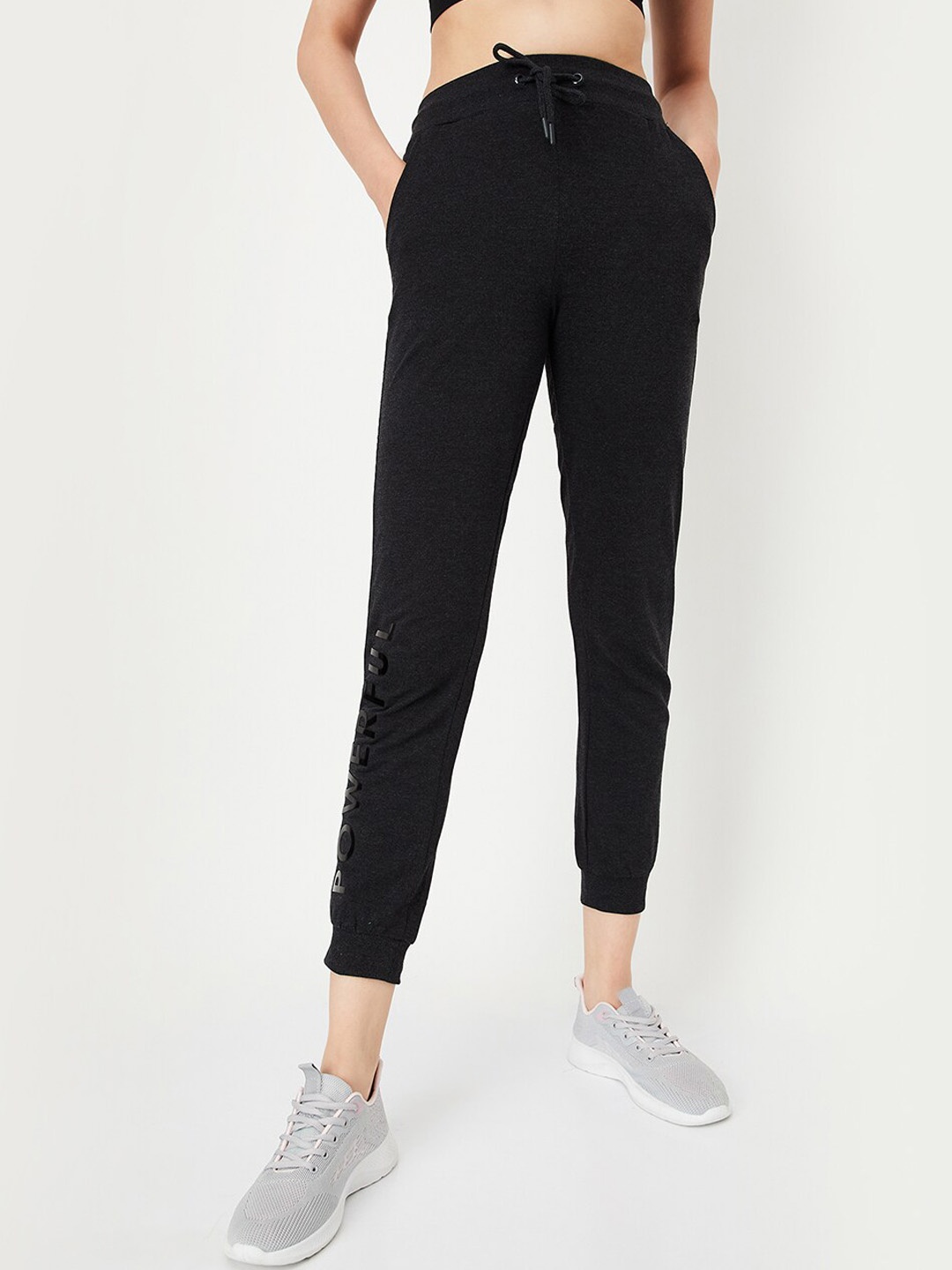 max Women Typography Printed Mid-Rise Gym Joggers, Grey