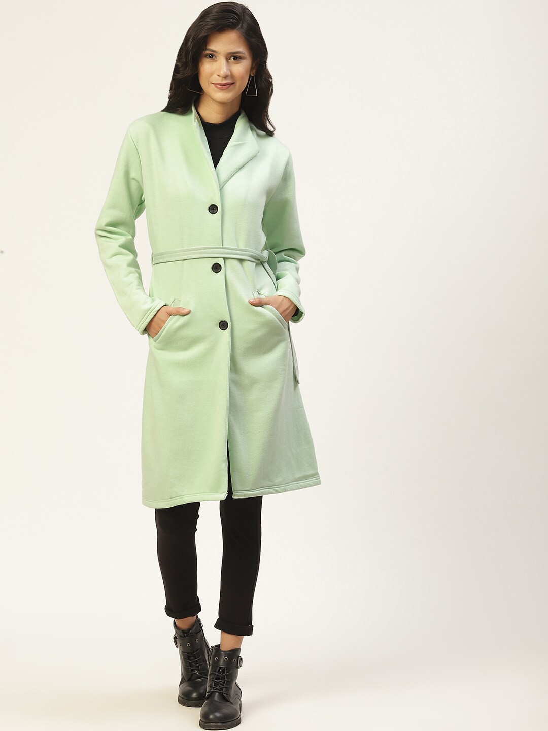 

BAESD Lapel Collar Lightweight Longline Tailored Fleece Jacket, Sea green