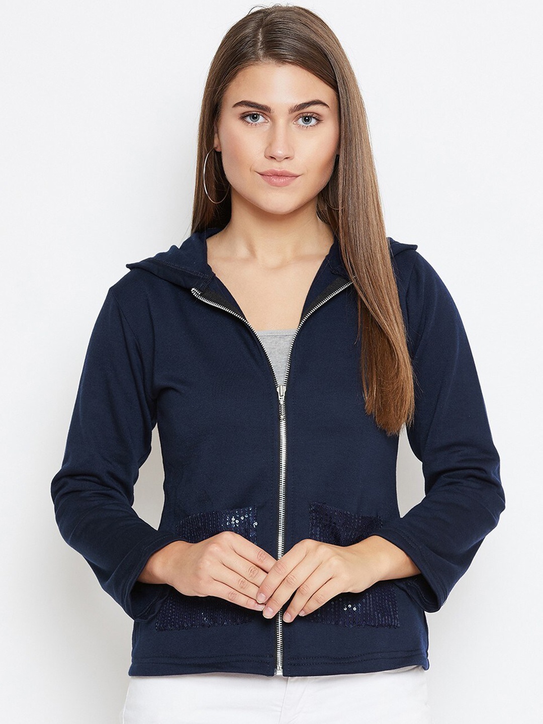 

BAESD Hooded Lightweight Fleece Bomber Jacket With Sequined Details, Navy blue