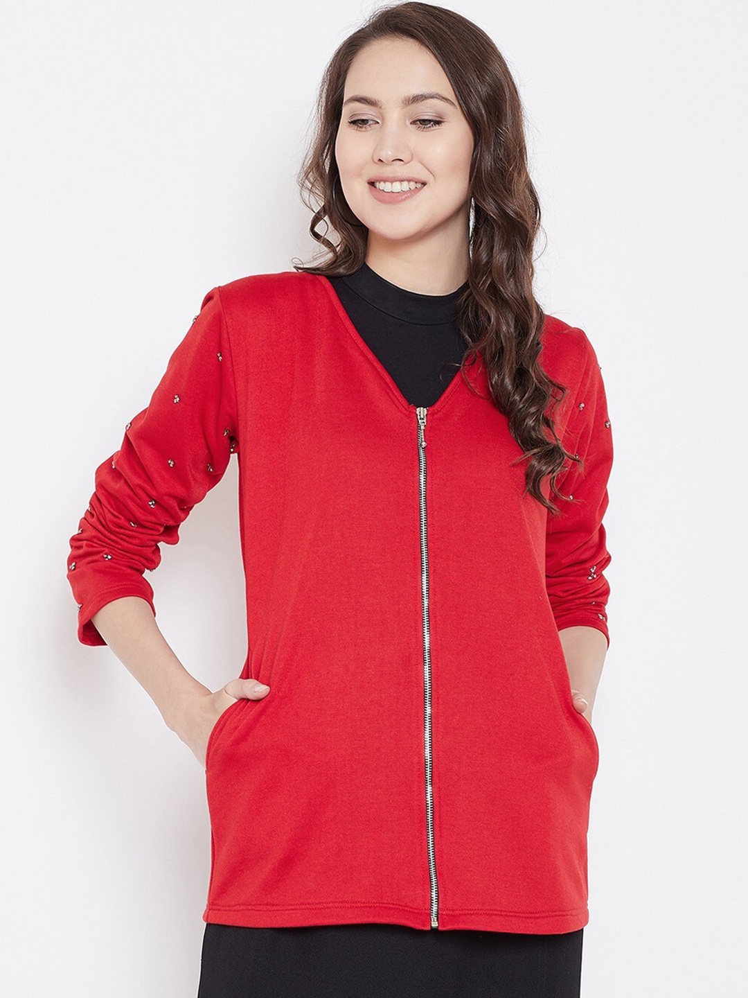 

BAESD Collarless Fleece Lightweight Longline Open Front Jacket, Red