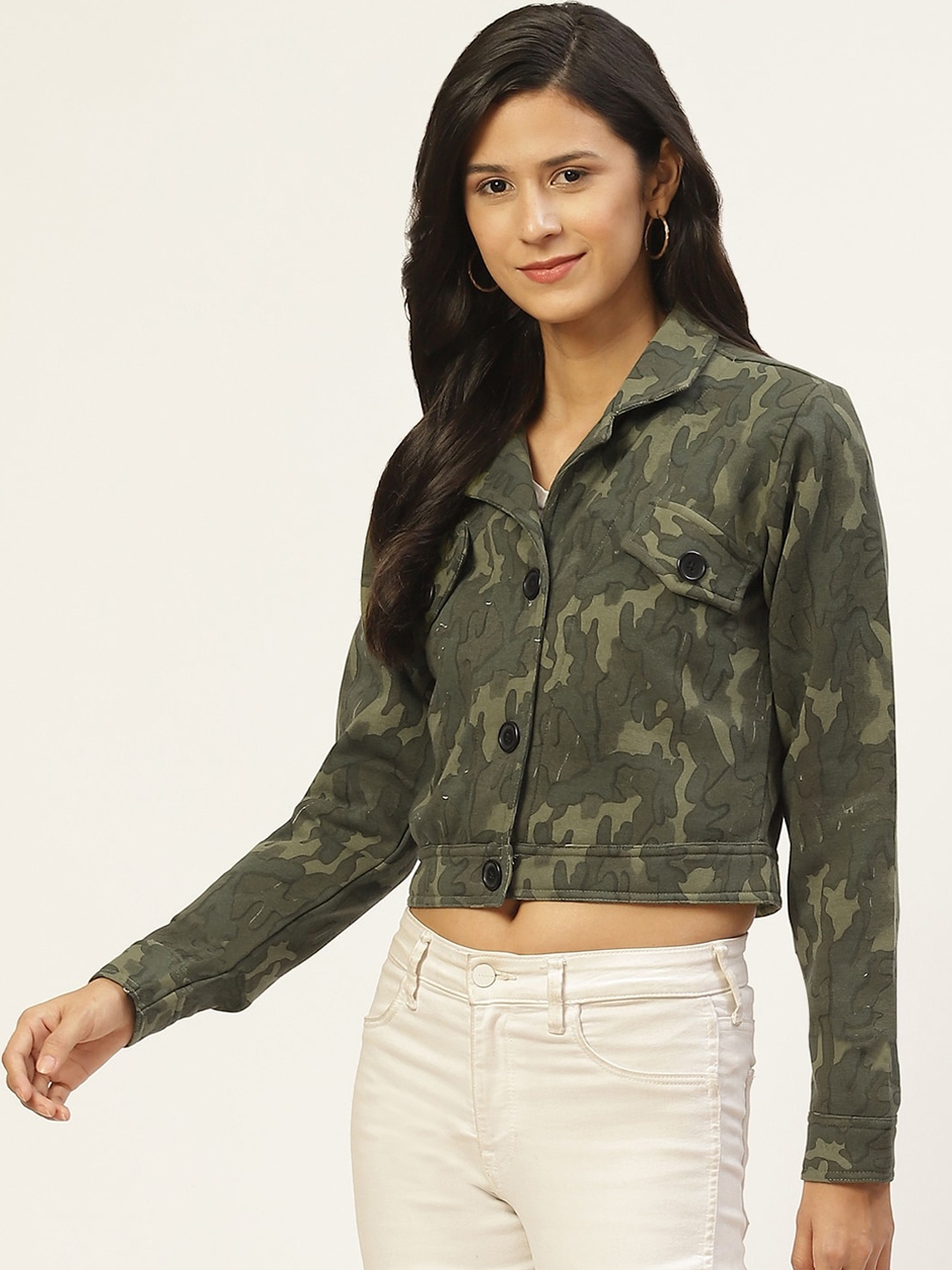 

BAESD Camouflage Printed Lightweight Crop Cotton Tailored Jacket, Olive