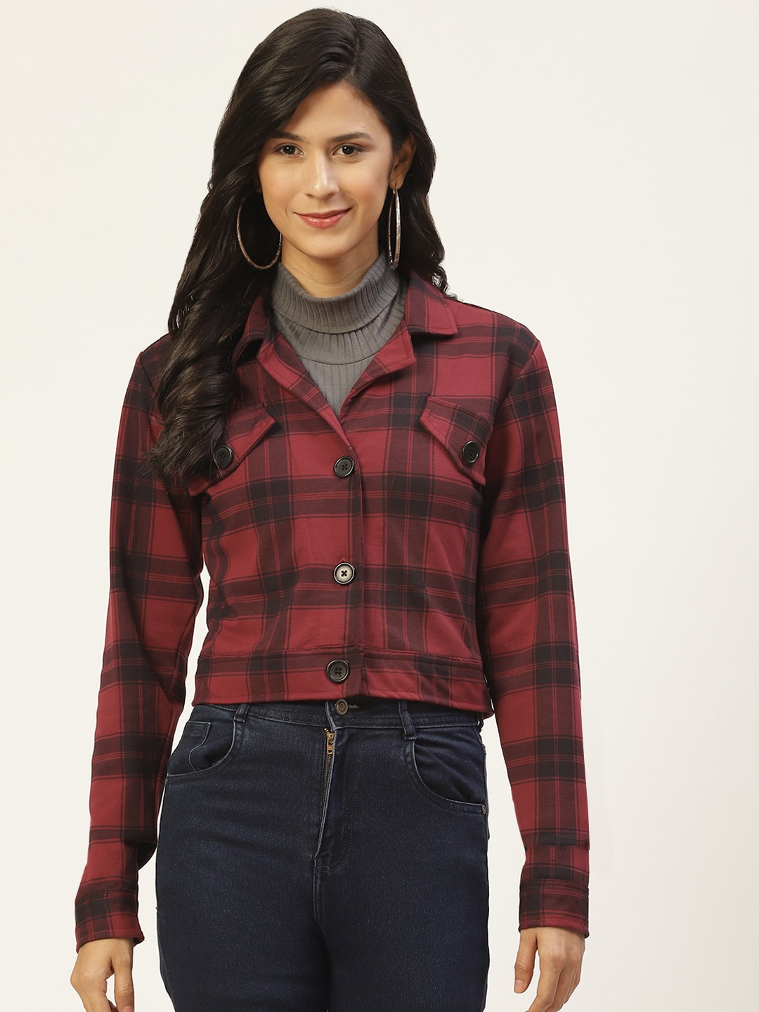 

BAESD Checked Lapel Collar Lightweight Cropped Tailored Jacket, Red