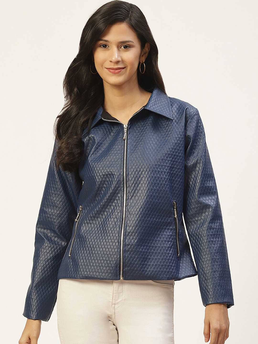 

BAESD Spread Collar Geometric Self Design Lightweight Leather Jacket, Blue