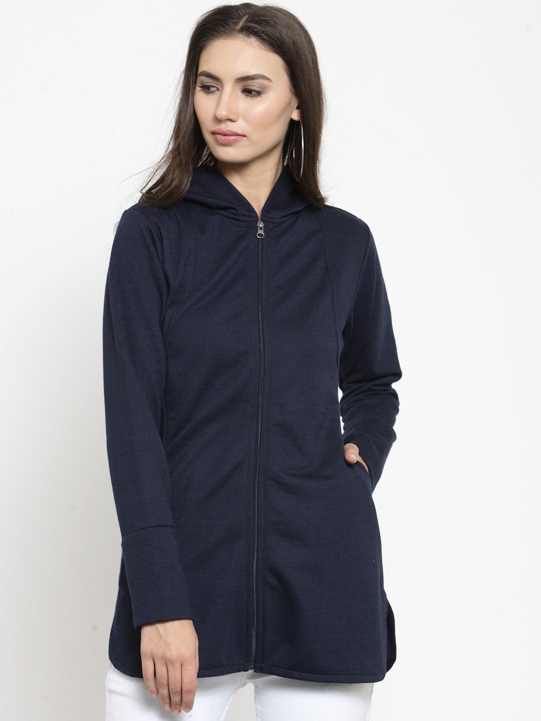 

BAESD Hooded Fleece Front-Open Longline Sweatshirt, Navy blue