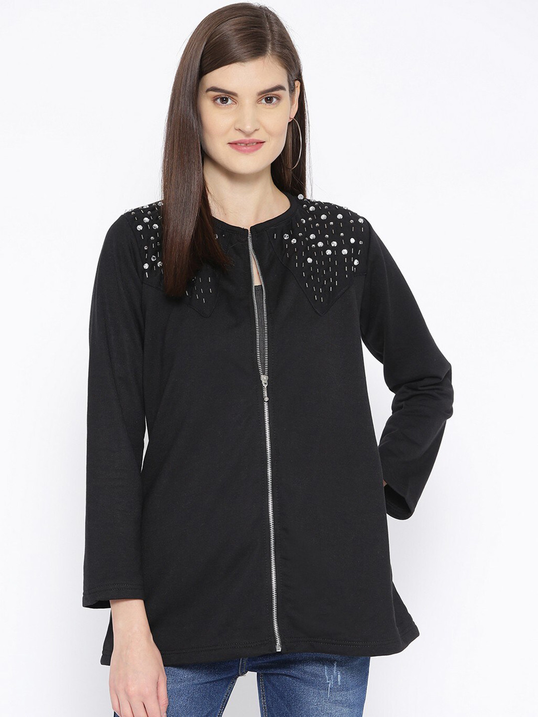 

BAESD Women Black Fleece Lightweight Longline Embellished Tailored Jacket