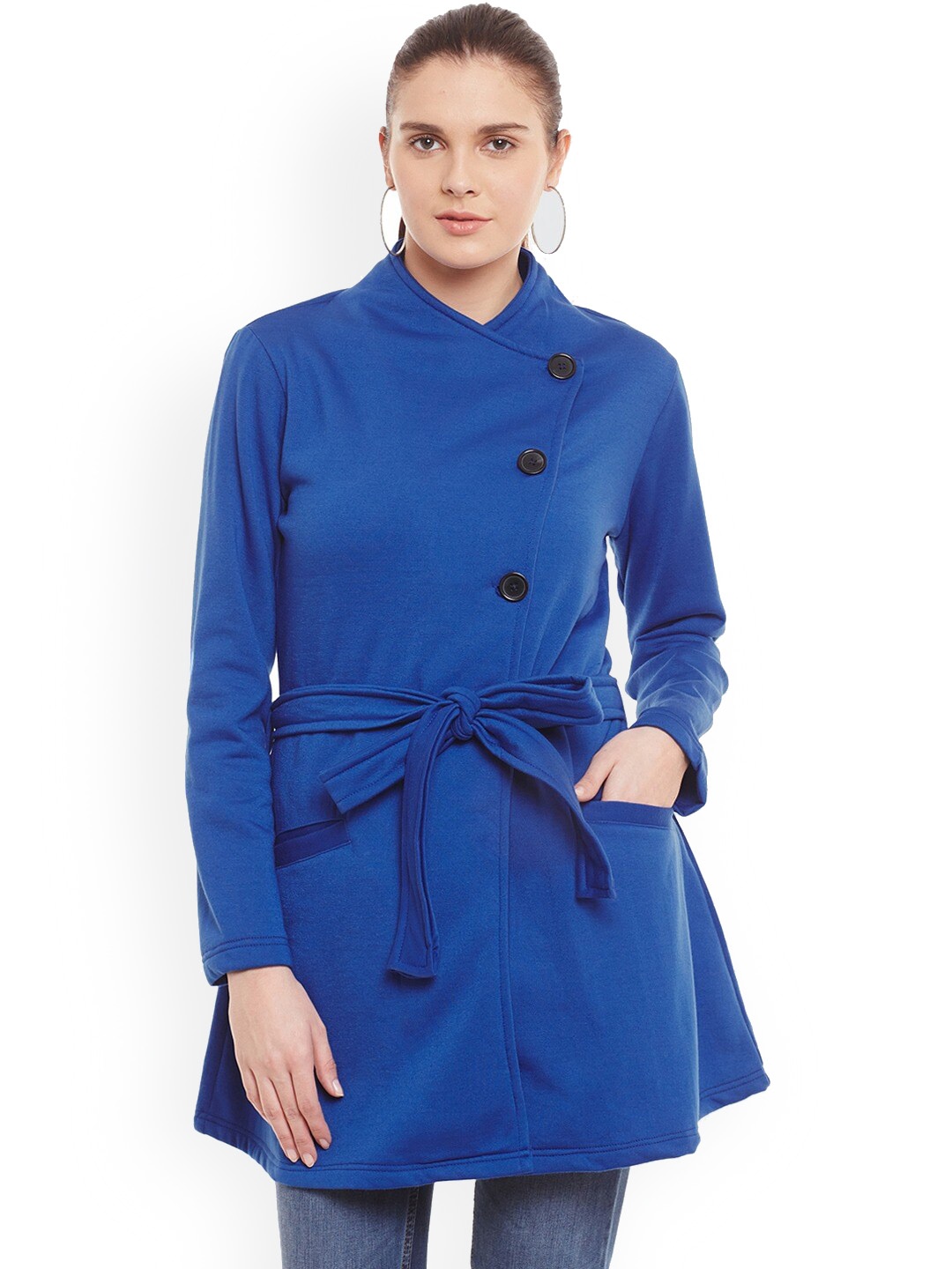 

BAESD Collarless Lightweight Longline Belted Fleece Tailored Jacket, Blue