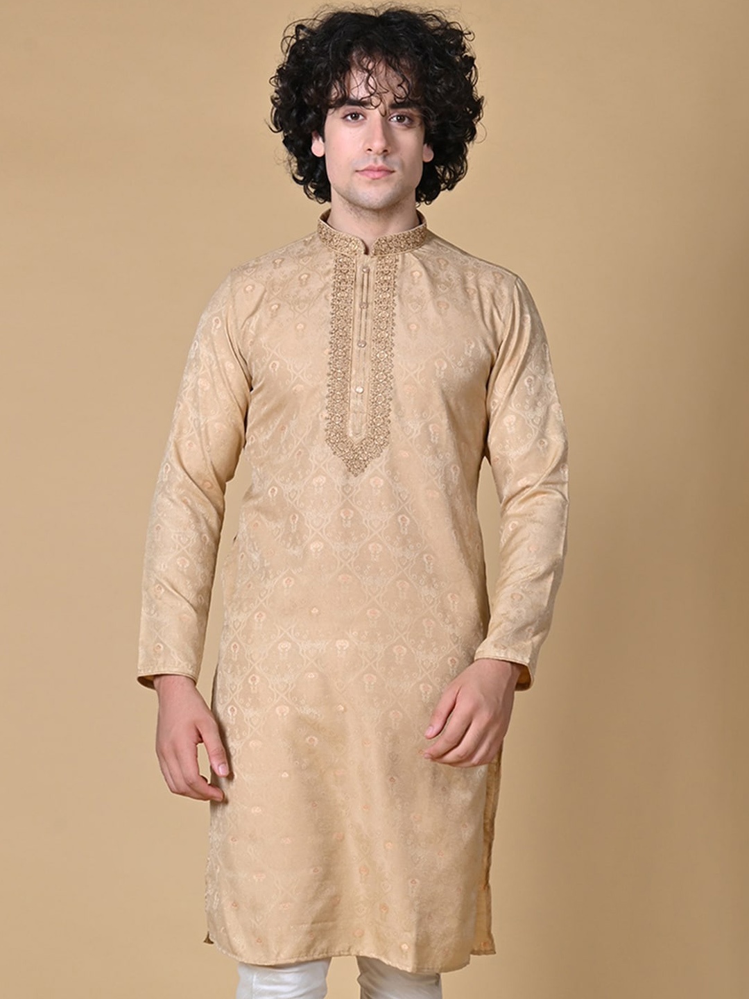 

MAAHI FABS Woven Design Thread Work Straight Kurta, Beige