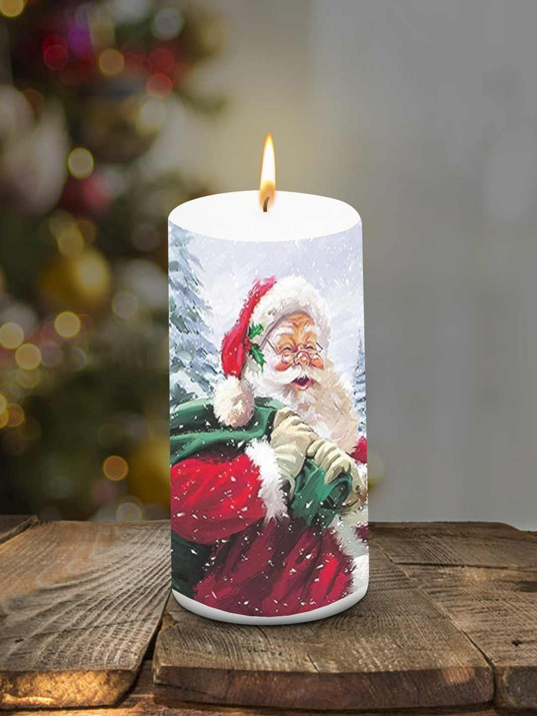 

AuraDecor Red & White Santa Claus Printed Christmas Pillar Candle