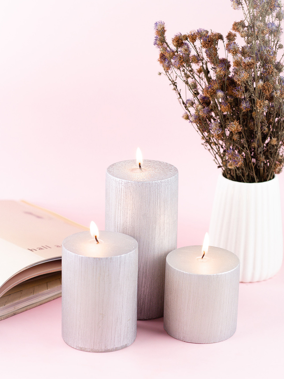 

AuraDecor Silver Toned 3 Pieces Unscented Wax Pillar Candles