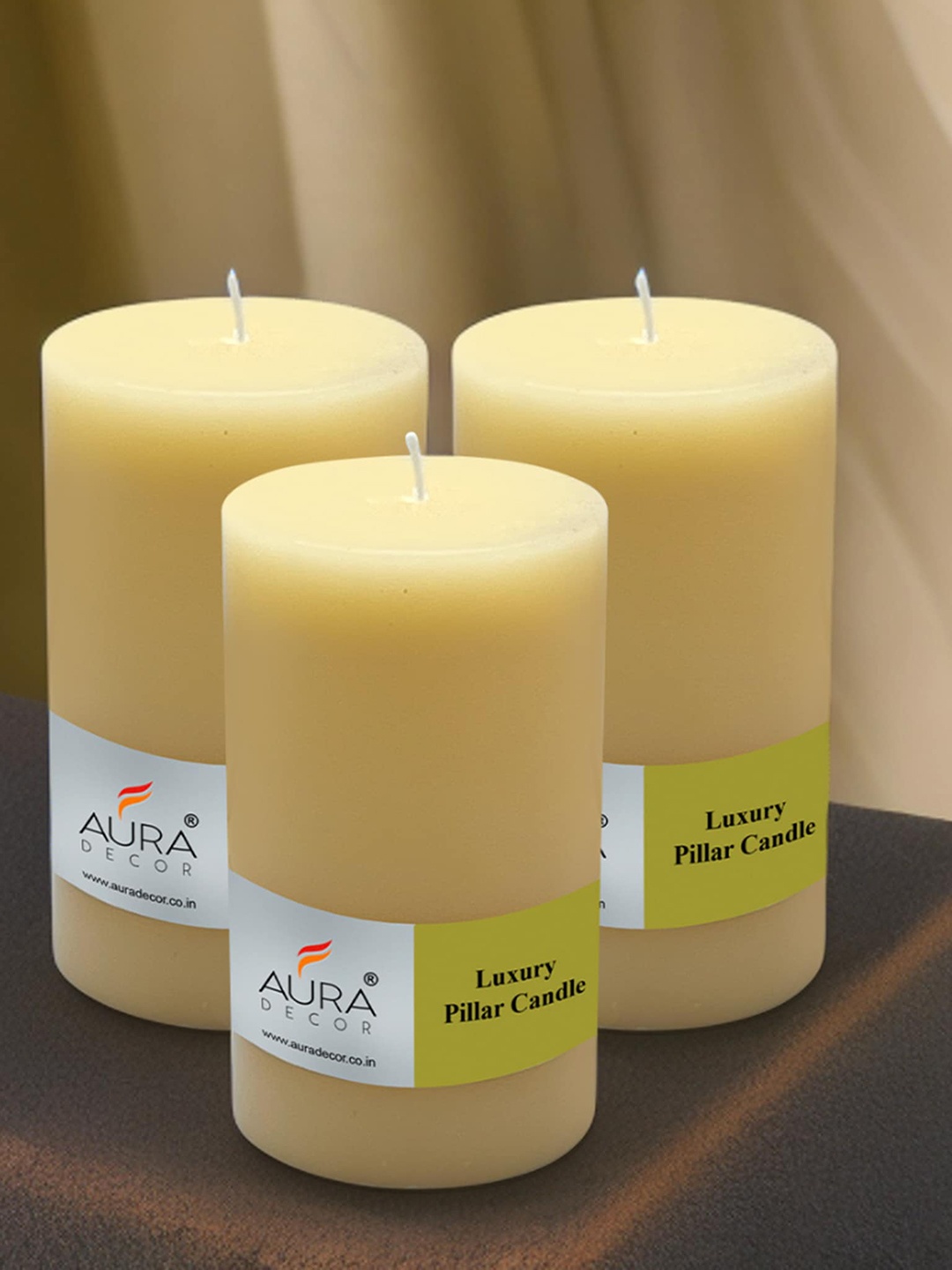 AuraDecor Yellow 3 Pieces Unscented Pillar Candles