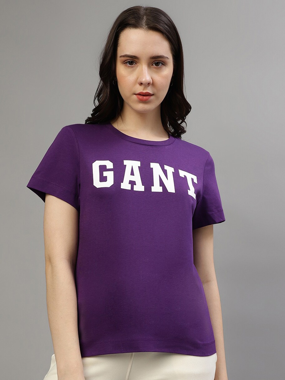 

GANT Typography Printed Round Neck Pure Cotton T-shirt, Purple