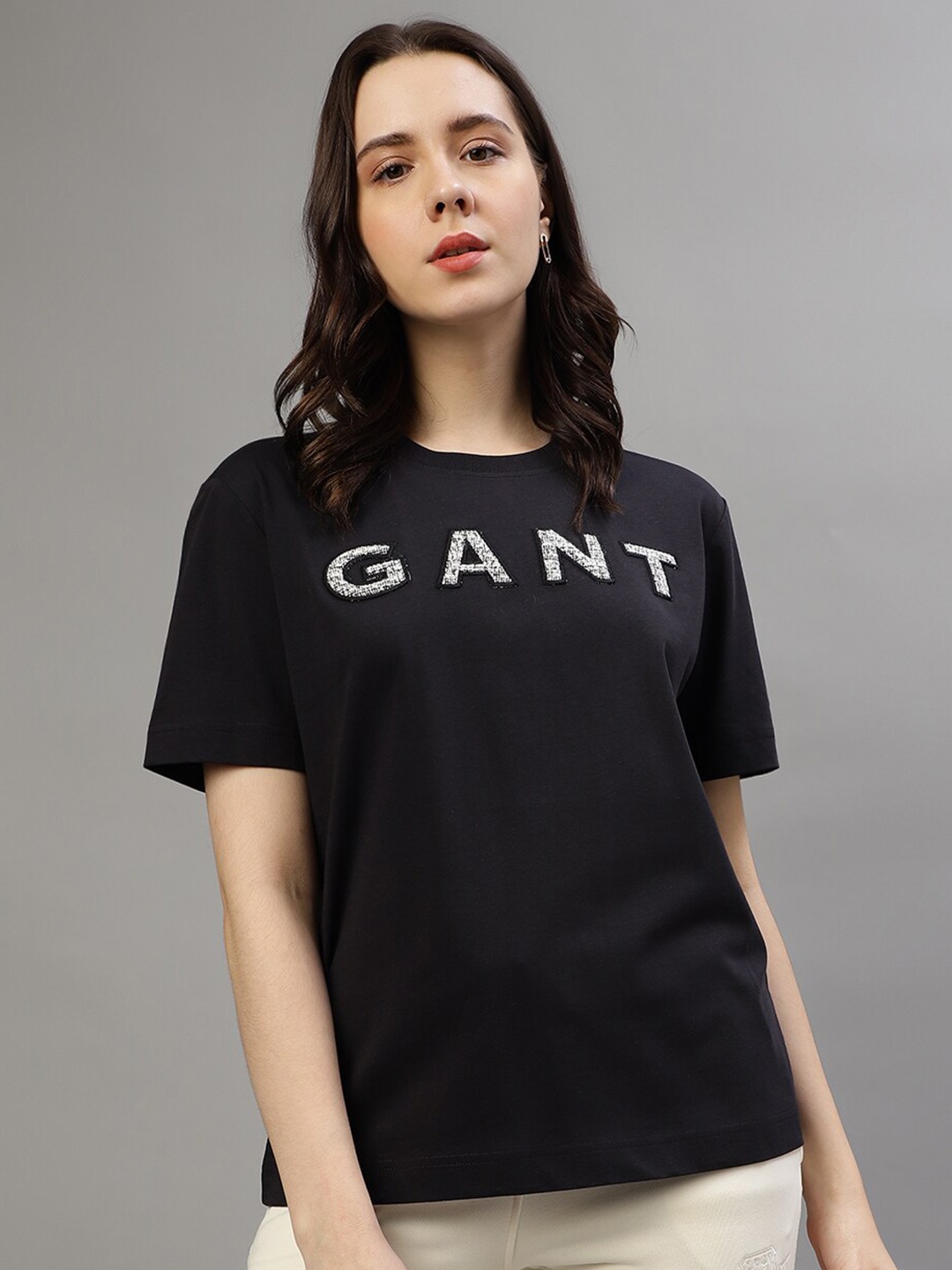 

GANT Typography Printed Round Neck Relaxed Fit Pure Cotton T-shirt, Black