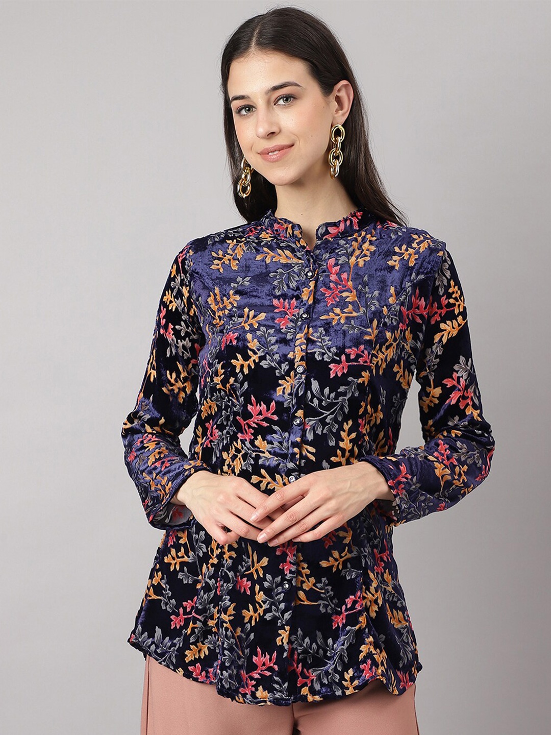 

KALINI Floral Printed Mandarin Collar Long Sleeves Velvet Shirt Style Top, Blue