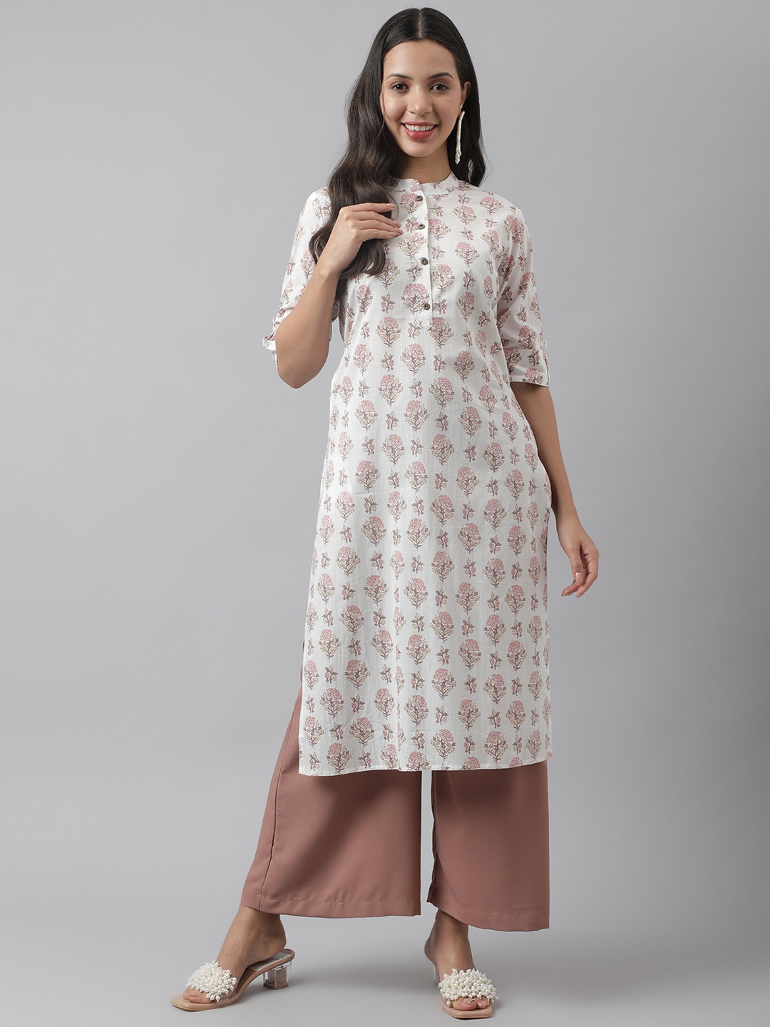 

KALINI Floral Printed Band Collar Cotton Straight Kurta, White