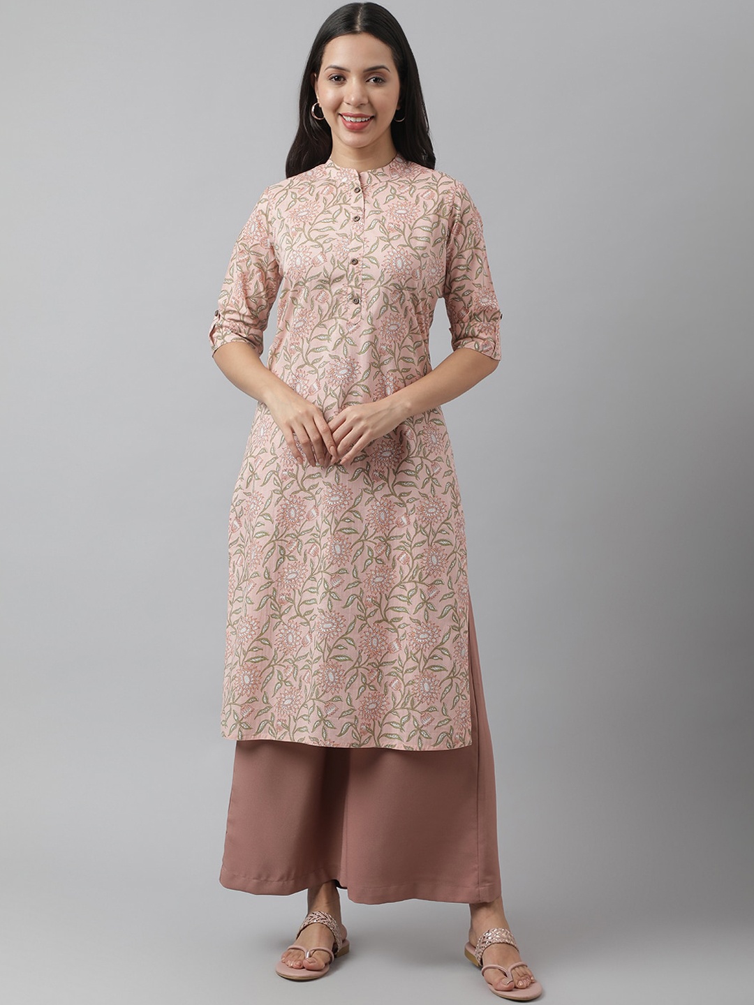 

KALINI Floral Printed Mandarin Collar Cotton Straight Kurta, Pink