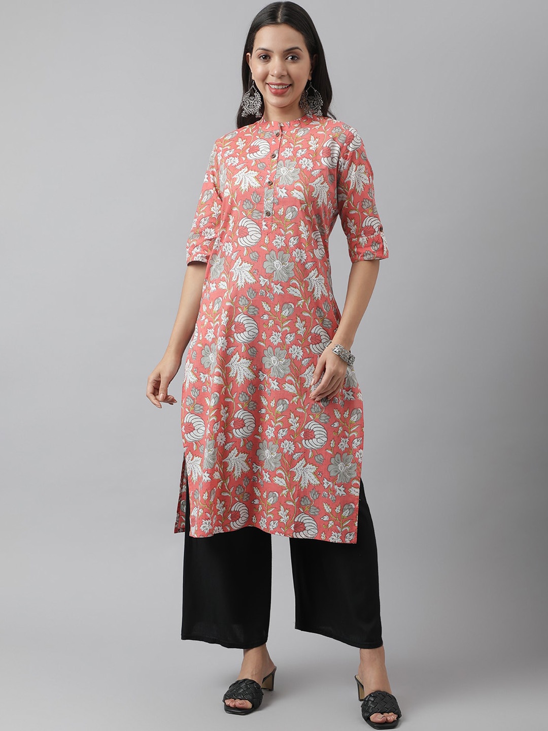 

KALINI Floral Printed Mandarin Collar Cotton Straight Kurta, Pink
