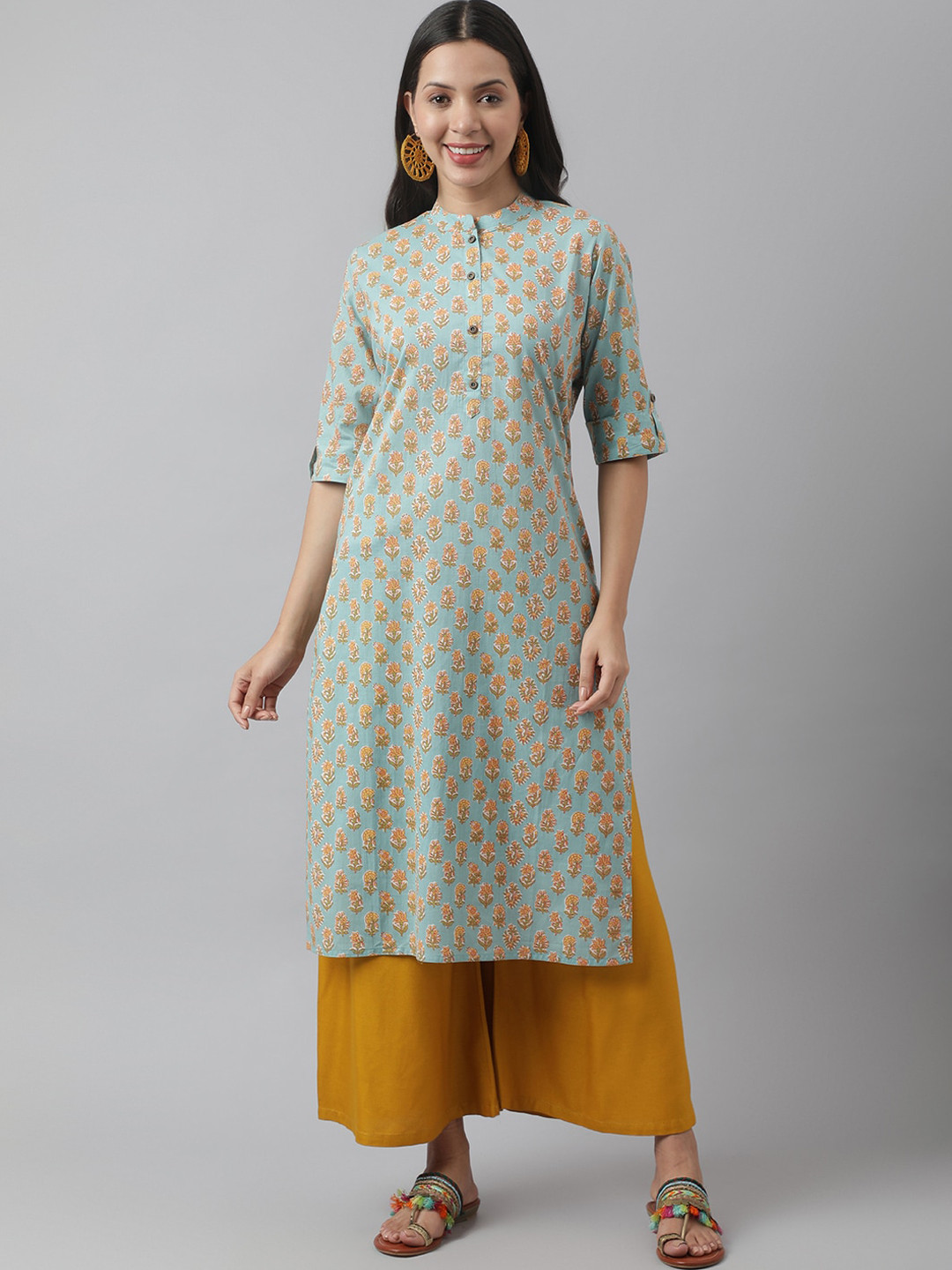 

KALINI Floral Printed Mandarin Collar Roll-Up Sleeves Cotton Straight Kurta, Sea green