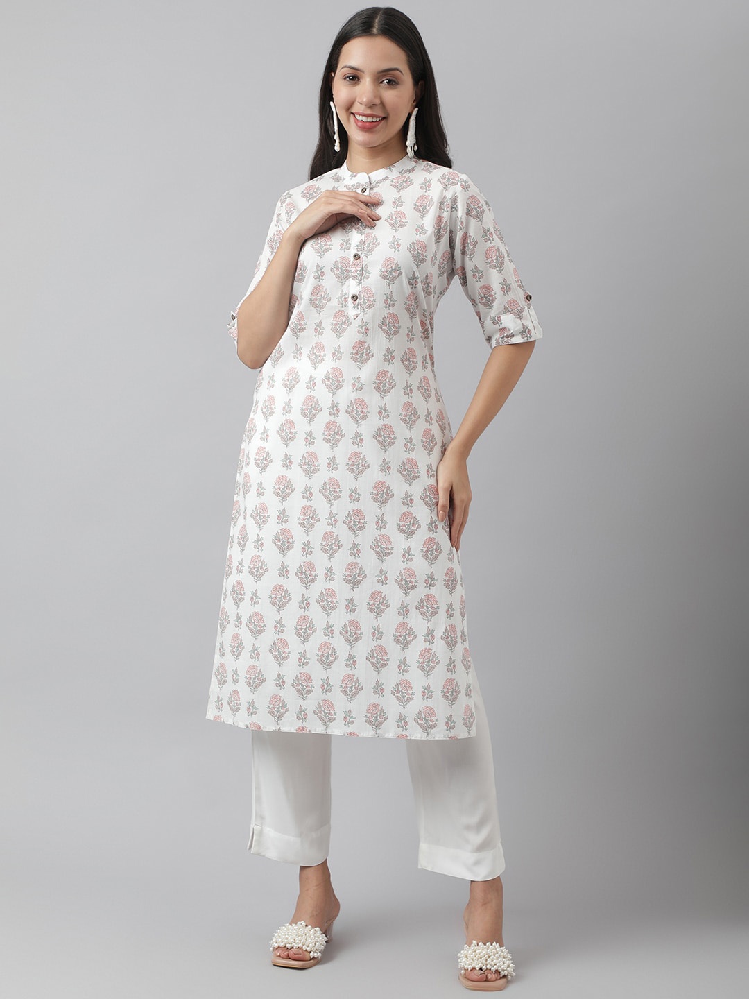 

KALINI Floral Printed Mandarin Collar Roll-Up Sleeves Cotton Straight Kurta, White