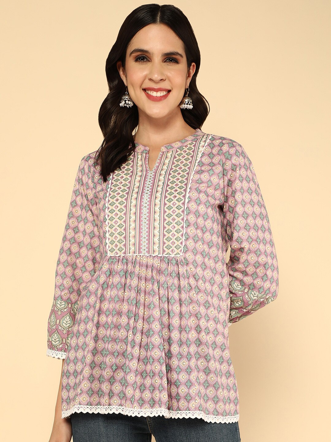 

KALINI Ethnic Motifs Printed Pure Cotton Tiered Kurti, Pink