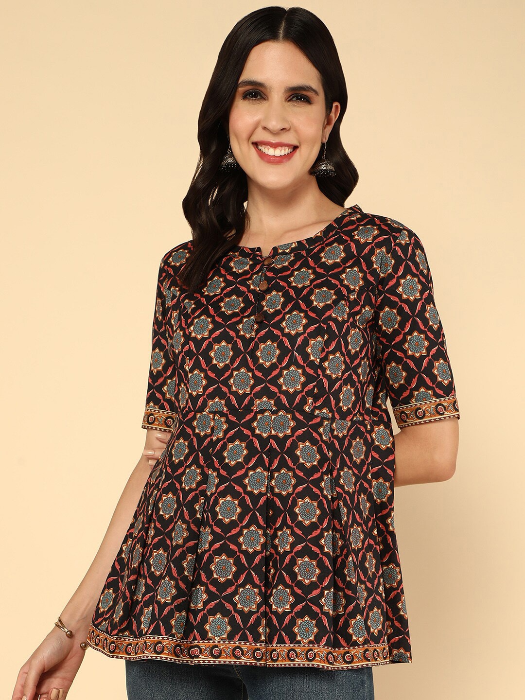

KALINI Floral Printed Pure Cotton Empire Kurti, Black