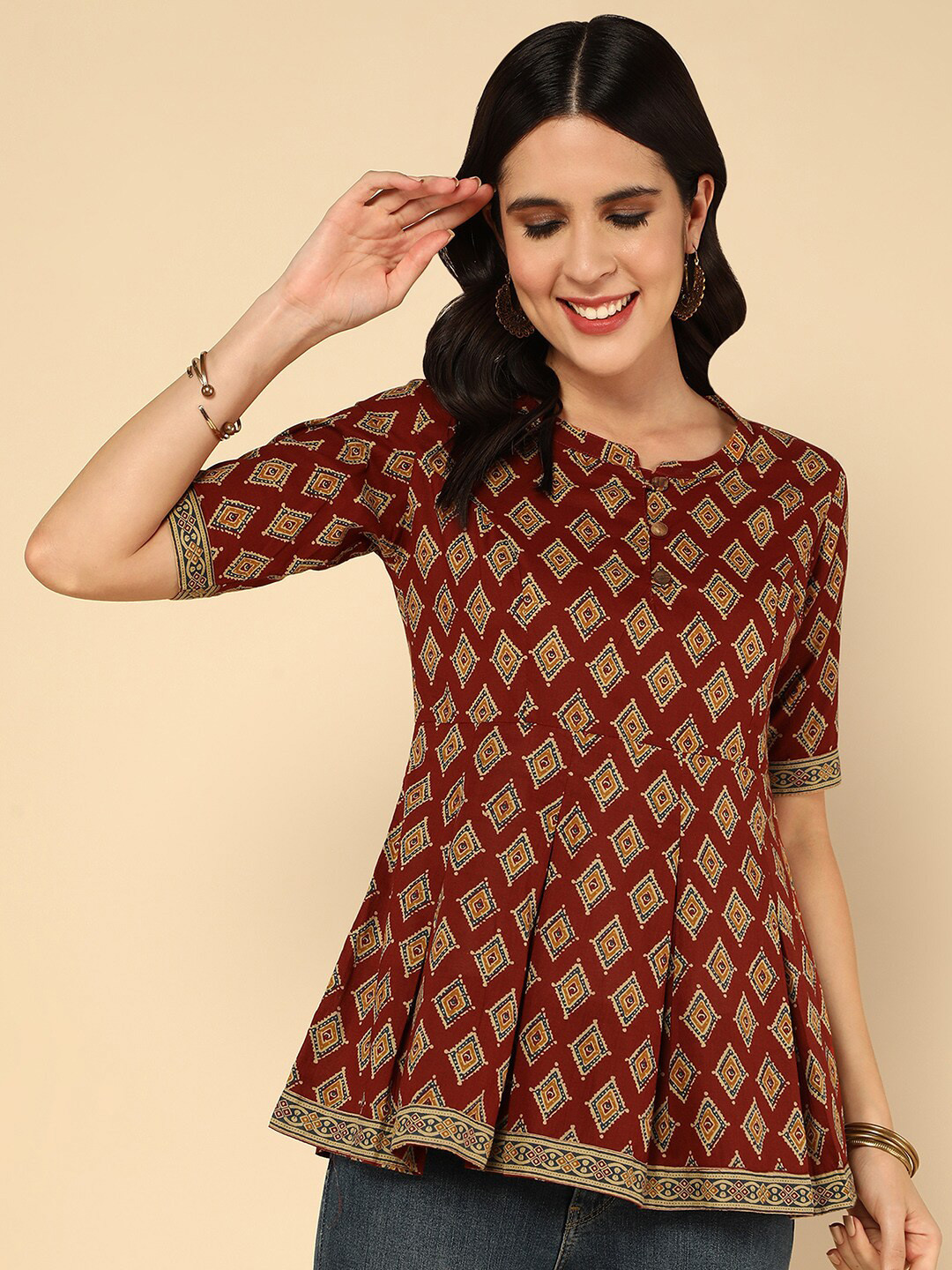 

KALINI Ethnic Motifs Printed Pure Cotton Empire Kurti, Red