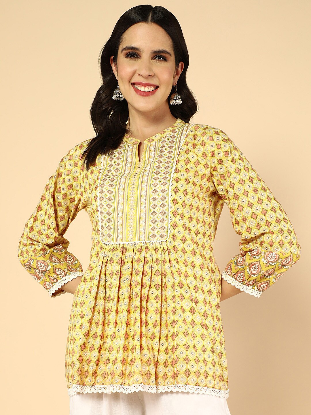 

KALINI Ethnic Motifs Printed Pure Cotton Tiered Kurti, Yellow