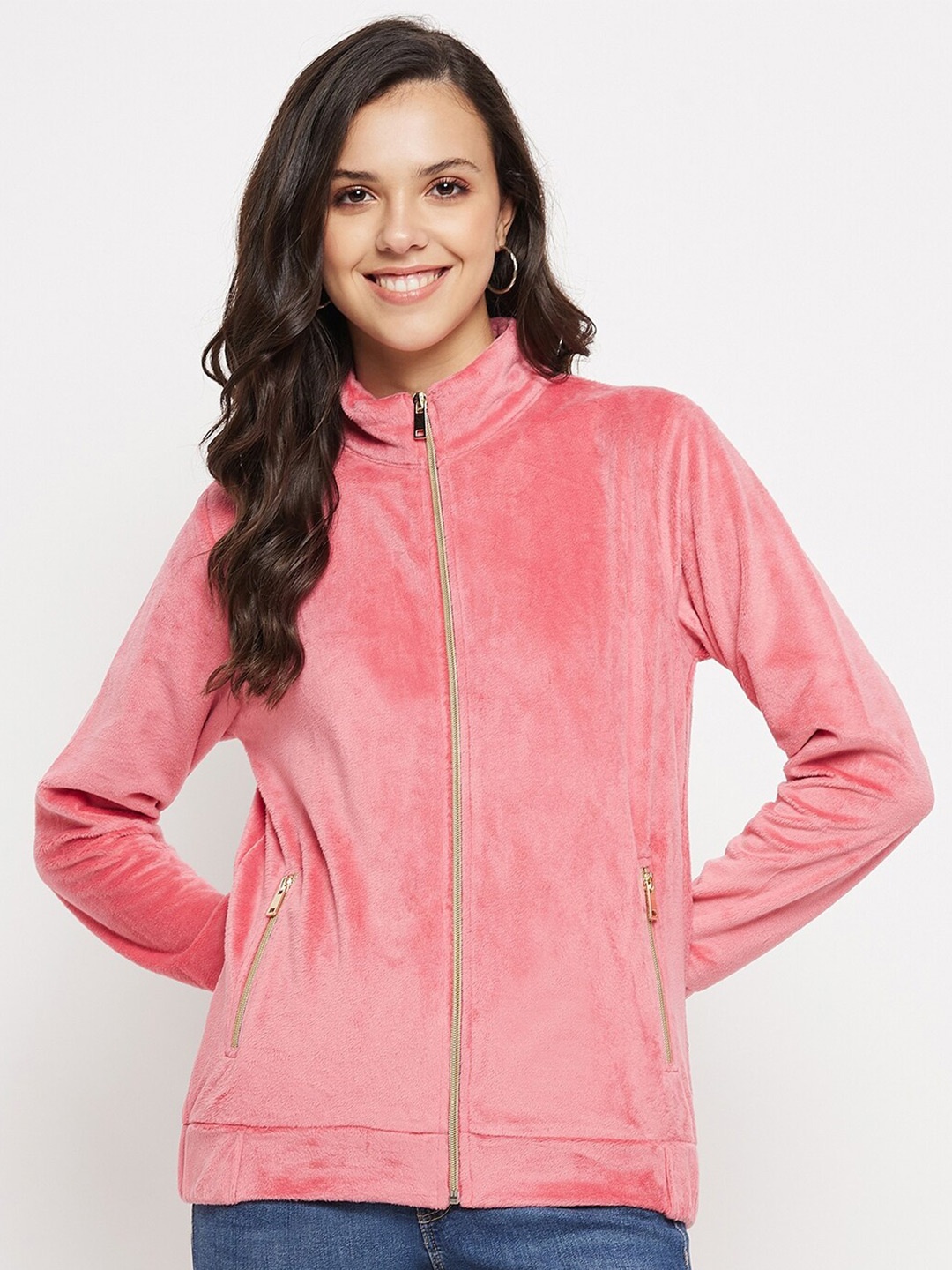 

PERFKT-U Mock Collar Front-Open Sweatshirt, Pink