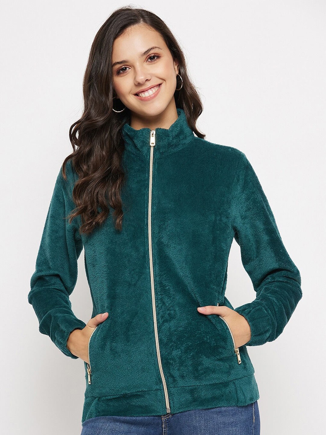 

PERFKT-U Mock Collar Velvet Front-Open Sweatshirt, Green