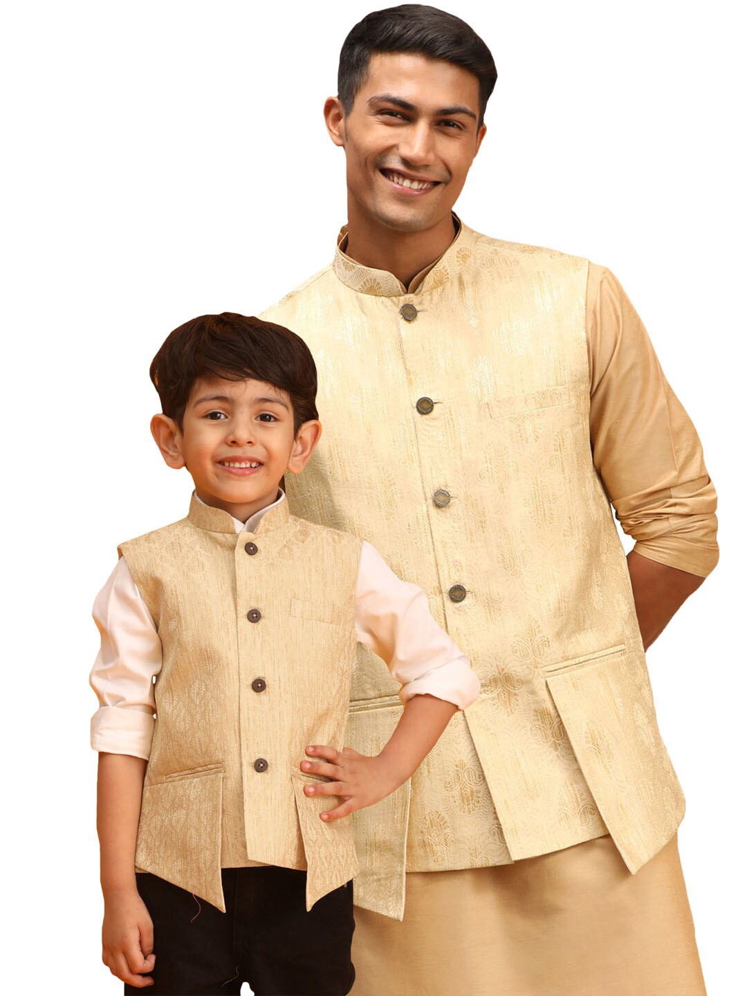 

VASTRAMAY Boys Woven Design Slim Fit Nehru Jackets, Gold
