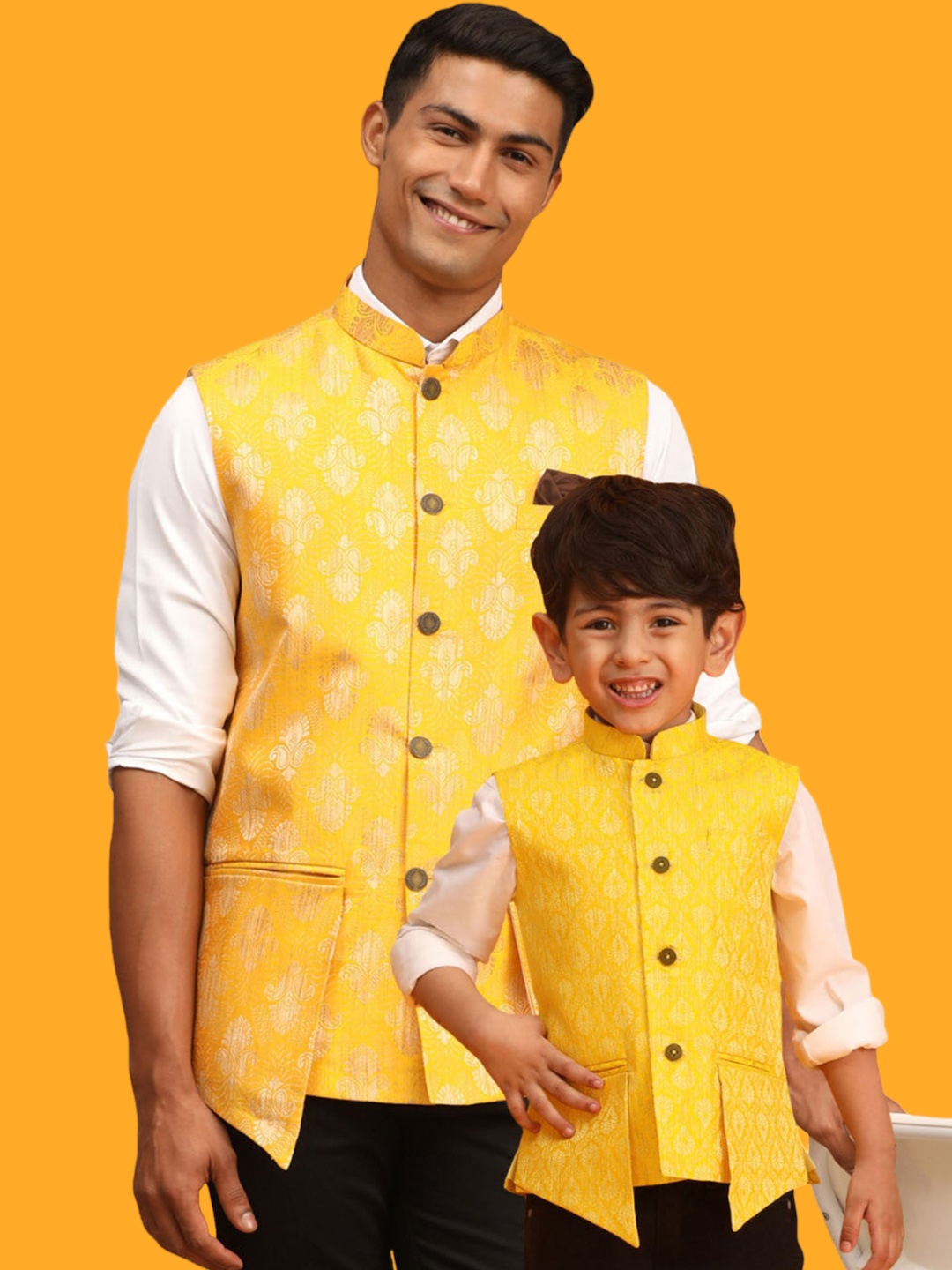 

VASTRAMAY Boys Woven Design Slim Fit Nehru Jackets, Yellow