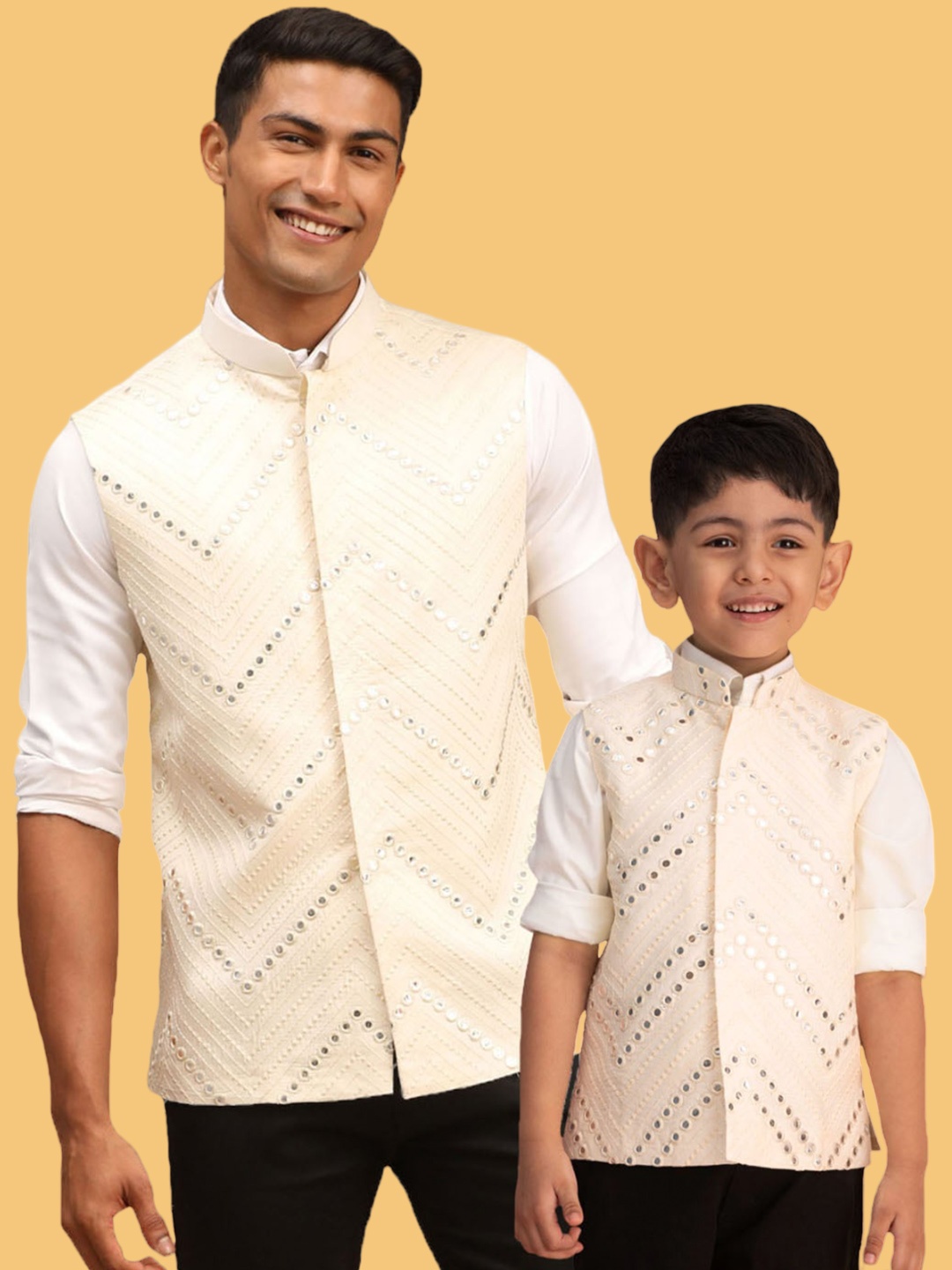 

VASTRAMAY Boys Embellished Mirror Work Slim Fit Nehru Jackets, Cream