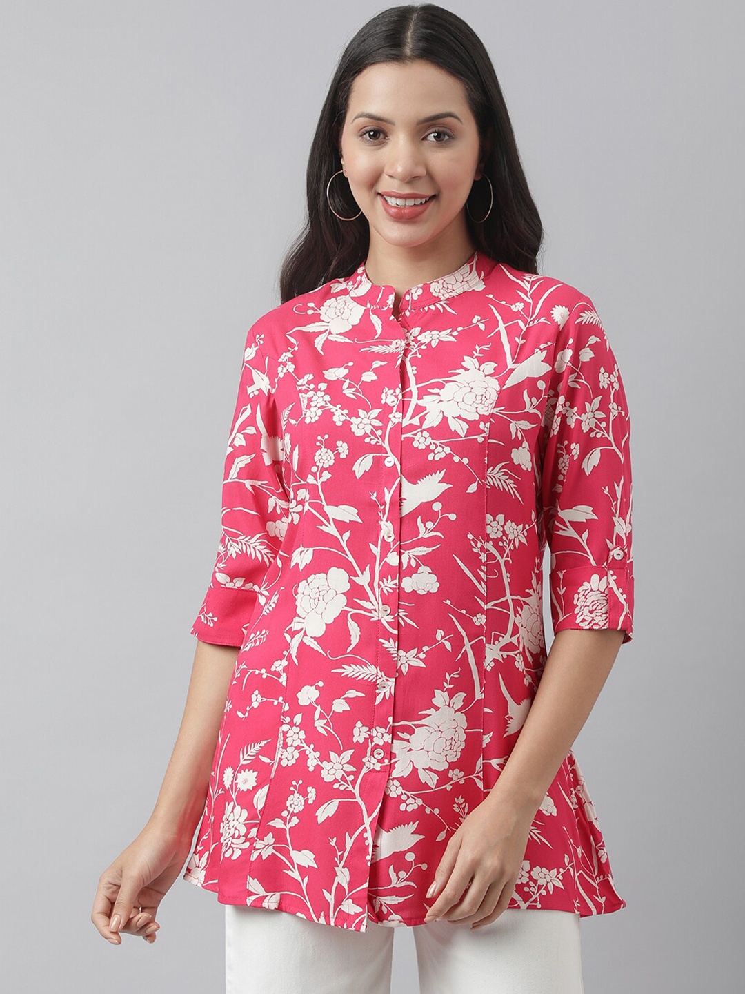 

KALINI Floral Printed Mandarin Collar Roll-Up Sleeves Longline Shirt Style Top, Pink