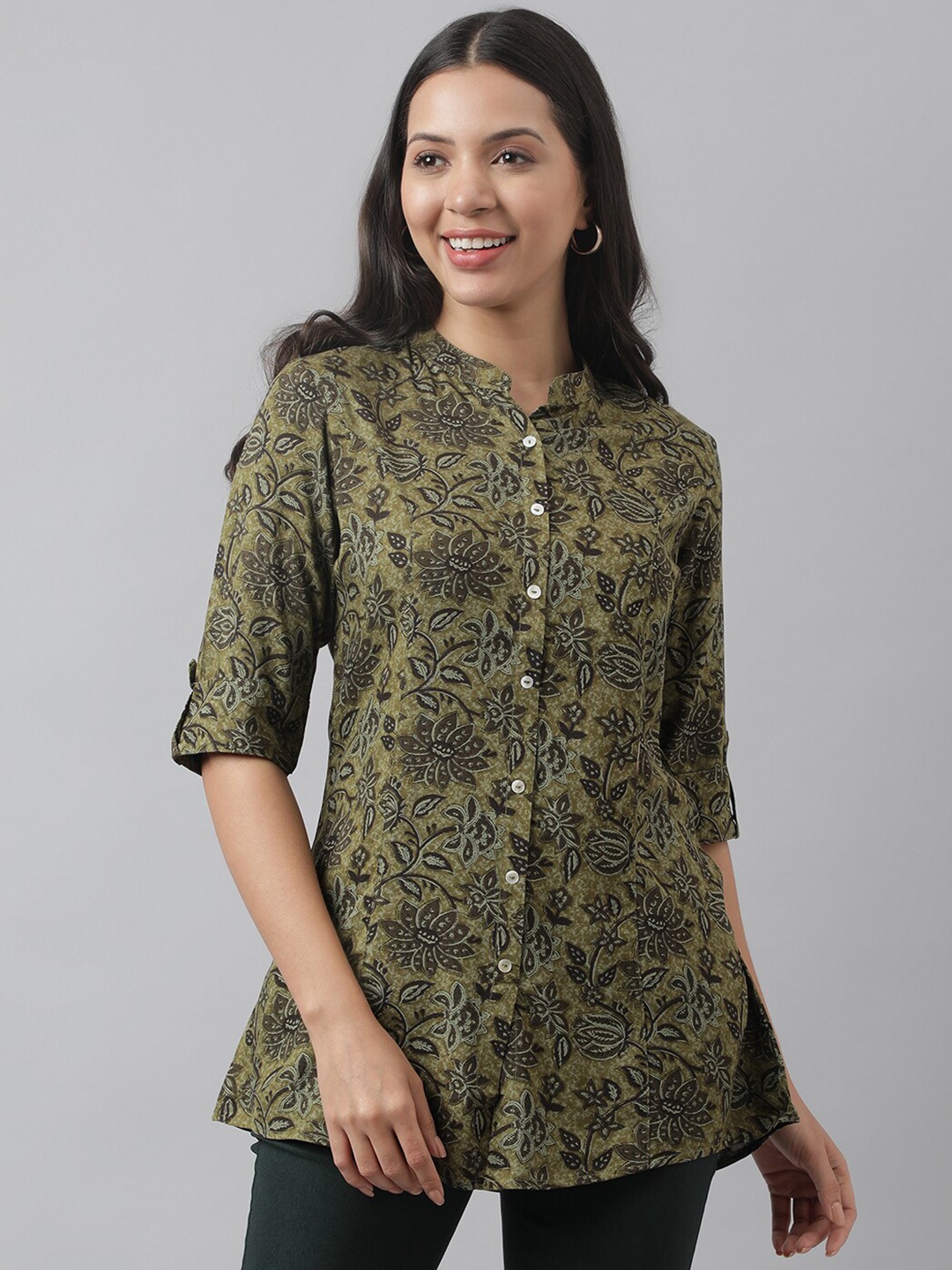 

KALINI Floral Printed Mandarin Collar Roll-Up Sleeves Longline Shirt Style Top, Olive