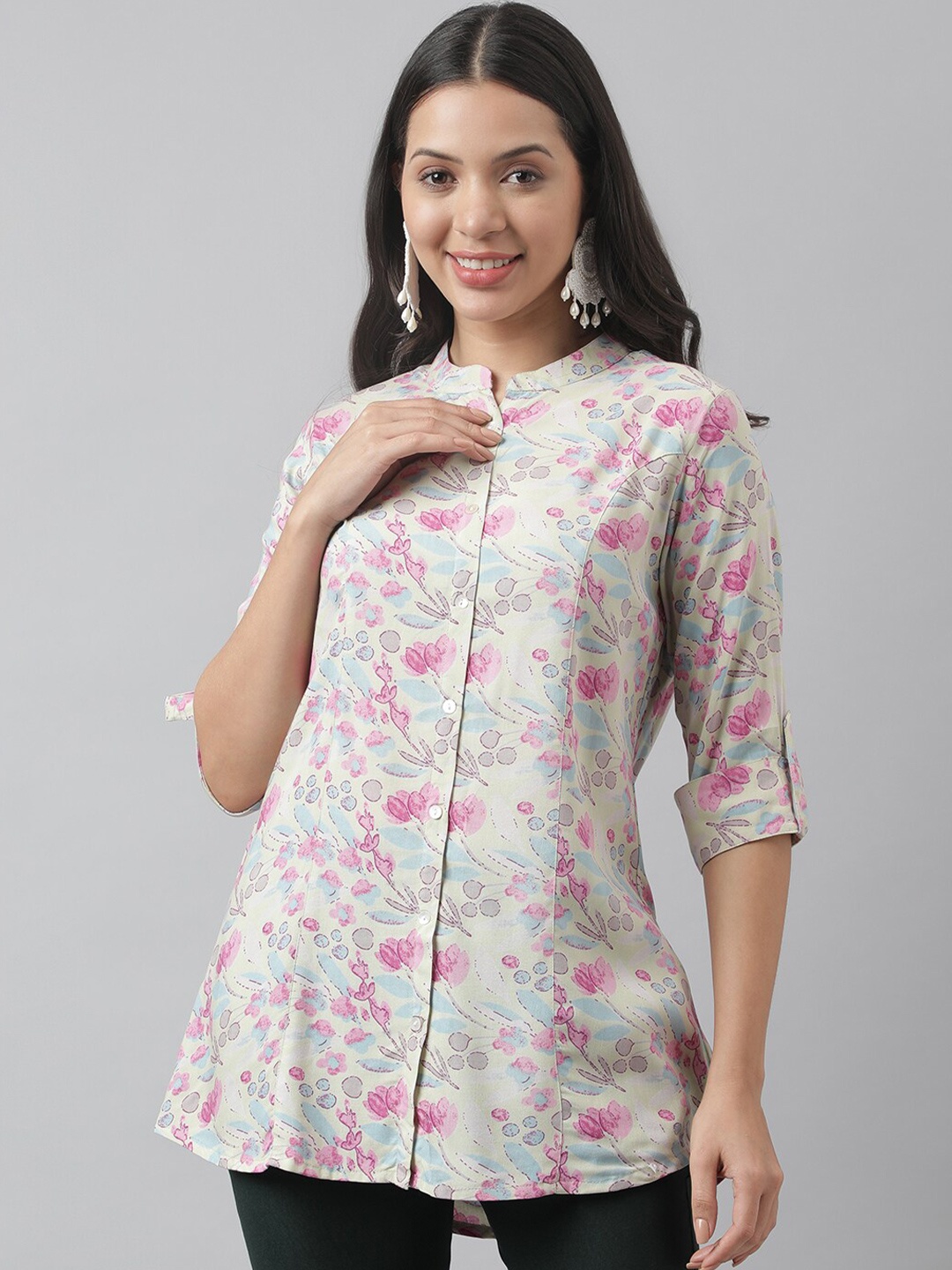 

KALINI Floral Printed Mandarin Collar Roll-Up Sleeves Longline Shirt Style Top, Cream