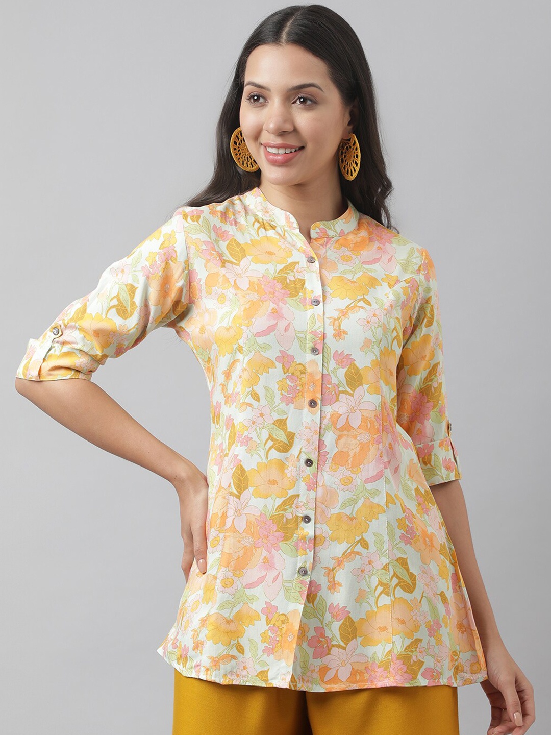 

KALINI Floral Printed Mandarin Collar Roll-Up Sleeves Longline Shirt Style Top, Green