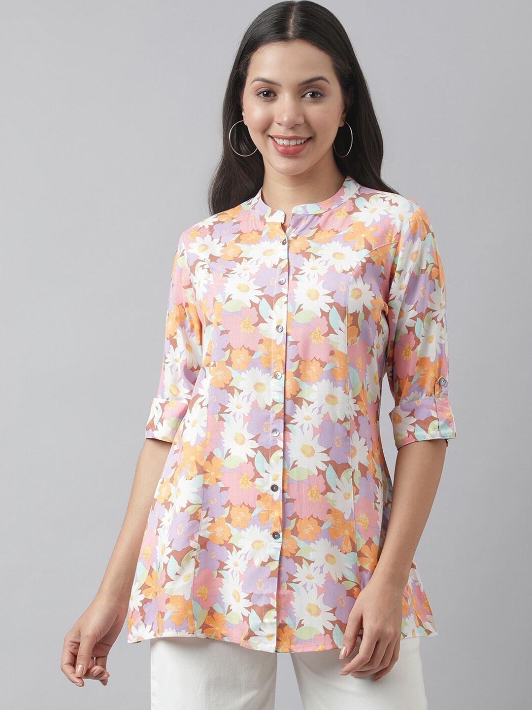 

KALINI Floral Printed Mandarin Collar Roll-Up Sleeves Longline Shirt Style Top, Lavender