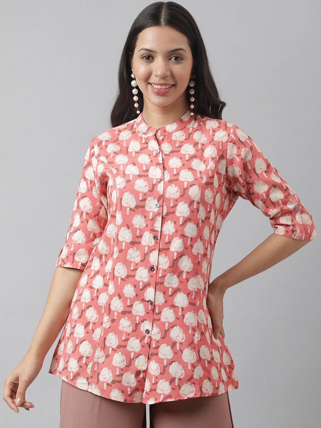 

KALINI Floral Printed Mandarin Collar Roll-Up Sleeves Longline Shirt Style Top, Pink