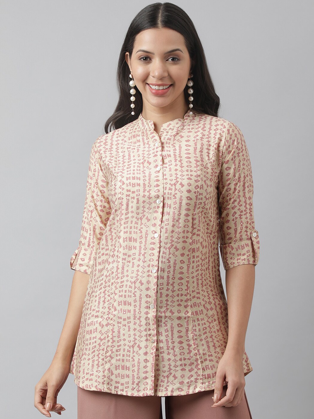 

KALINI Geometric Printed Mandarin Collar Roll-Up Sleeves Satin Longline Shirt Style Top, Beige