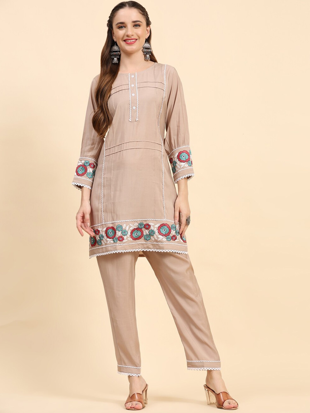 

Growish Embroidered Round Neck Top With Flared Trouser Co-Ords, Beige
